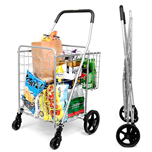 SUPENICE Grocery Utility Shopping Cart – Deluxe Folding Cart with Double Basket and 360° Rolling Swivel Wheels 66 lbs Utility Cart with Wide Cushion Handle Bar for Grocery Laundry Book Luggage Travel