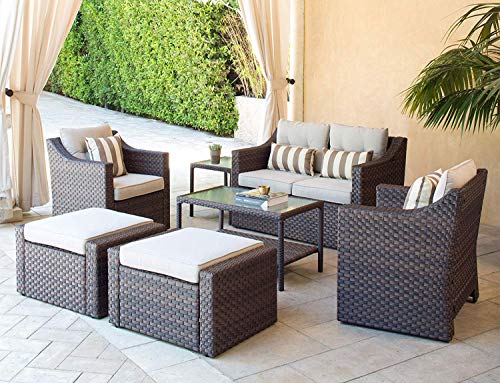 SOLAURA Outdoor Patio Furniture Set 7-Piece Brown Wicker Conversation Furniture Set Patio Lounge Chairs with Ottoman & Loveseat with Glass Coffee Table (Pillow Included)