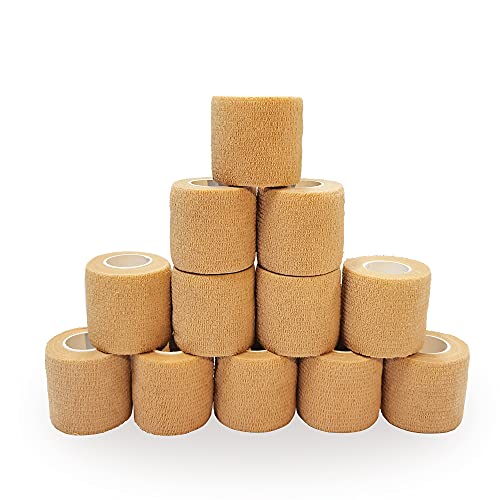 12 Bulk Pack Cohesive Tape, Self Adherent Wrap 2 Inches X 5 Yards – Self Adhesive Bandage Medical Vet Wrap for First Aid, Sports Protection and Wrist, Ankle Sprains & Swelling
