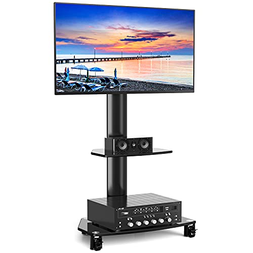 Rfiver Mobile TV Cart with Wheels & Swivel Mount Portable for 27-55 Inch LCD LED Flat Screen TVs Monitors up to 110lbs, Tall TV Floor Stand with 2-Tier Black Tempered Glass Shelves, Max VESA 400x400mm