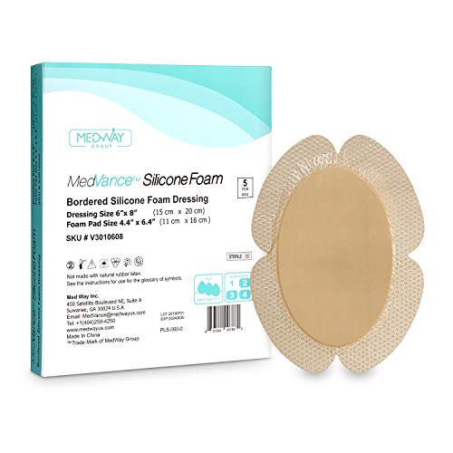 MedVance TM Silicone – Bordered Silicone Adhesive Foam Dressing, Back/Shoulder/Thigh/Abdomen, 6″X8″ (4.4″x6.4″ Pad), Box of 5 dressings