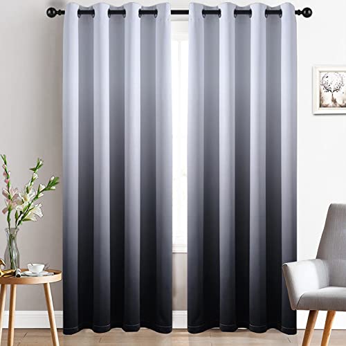 Yakamok Room Darkening Black Gradient Color Ombre Blackout Curtains with Grommet Thickening Polyester Thermal Insulated Window Drapes for Living Room/Bedroom (Black, 2 Panels, 52×84 Inch)