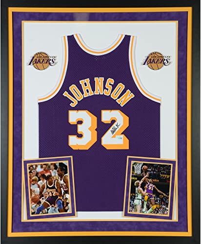 Magic Johnson Los Angeles Lakers Deluxe Framed Autographed Purple Mitchell & Ness Hardwood Classics Swingman Jersey – Autographed NBA Jerseys