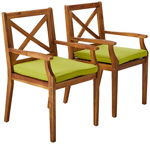Christopher Knight Home Peter | Outdoor Acacia Wood Dining Chair Set of 2, Teak/Green Cushion
