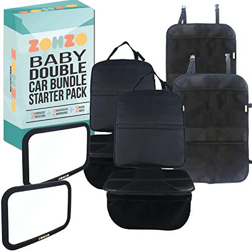 Zohzo Double Baby Car Bundle – Car Seat Protector Cover, Baby Car Mirror, Kick Mat Organizer for Baby Shower, New Infants, and Rear Facing Car Seats