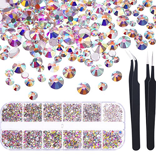 1728 Pieces Crystals Nail Art Rhinestones Round Beads Flatback Glass Charms Gems Stones and 2 Pieces Tweezers with Storage Organizer Box, SS3 6 10 12 16 20, 288 Pieces Each Size (Crystal AB)