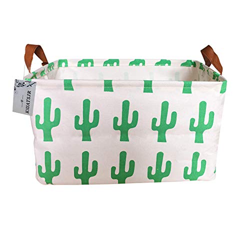 Square Canvas Toy Storage Bins Basket with Handle Collapsible Toy Organizer for Nursery Storage, Kid’s Toy & Laundry, Gift Baskets(Green Cactus)