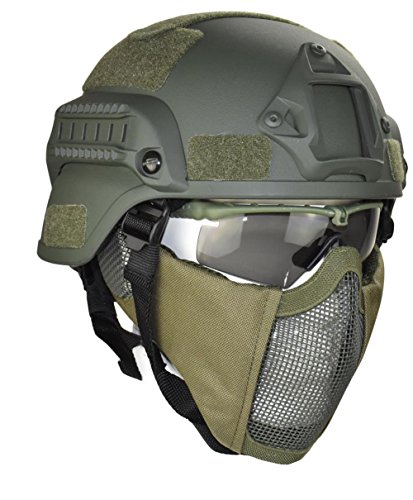 Jadedragon MICH 2000 Style ACH Tactical Helmet with Protect Ear Foldable Double Straps Half Face Mesh Mask & Goggle