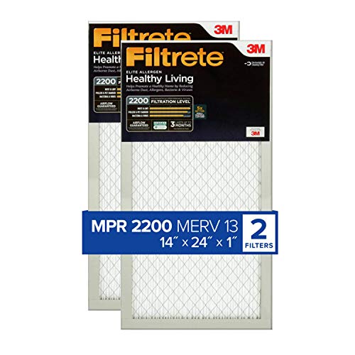 Filtrete 14x24x1 Air Filter MPR 2200 MERV 13, Healthy Living Elite Allergen, 2-Pack (exact dimensions 14.375×23.84×0.783)