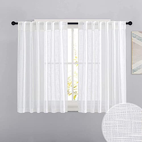 RYB HOME White Curtains for Bedroom – Linen Textured Semi Sheer Curtains Privacy for Bedroom Bathroom Kitchen Dining Office Window, 52 Wide x 45 inches Long, 2 Pcs
