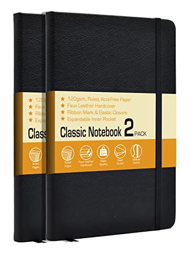 LYTek Faux Leather Lined Journal Notebooks with 120 GSM, Hardcover Executive Notebook, 5.25 x 8.25 inches for Writing – Date Mark, Inner Pocket, Ribbon Mark & Elastic Closure (Black, Pack of 2)