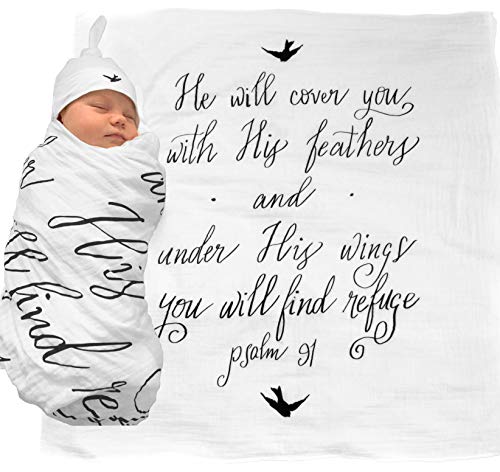 Under His Wings Muslin Swaddle & Bonus Baby Hat with Scripture Quote (Psalm 91) – 100% Organic Unbleached Cotton – Swaddle/Blanket is a Unique Shower & Baptism Gift –