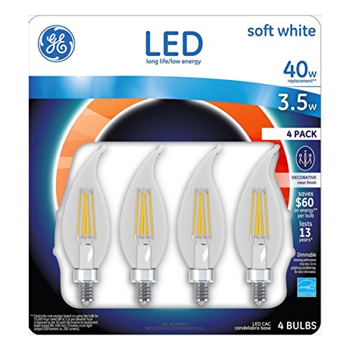 GE Candelabra LED Light Bulb 3.5-Watt Dimmable 2700K Soft White 40-Watt Equivalent 300-Lumens Chandelier Long-Life Low-Energy Decorative Clear Finish 4-Pack
