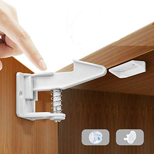 Mybabyly Baby Proofing Cabinet Locks – 12 pcs No Drill Baby Proofing Locks for Cabinets and Drawers with 4 Corner Protectors and 2 Covers – Adhesive Baby Cabinet Safety Latches – White