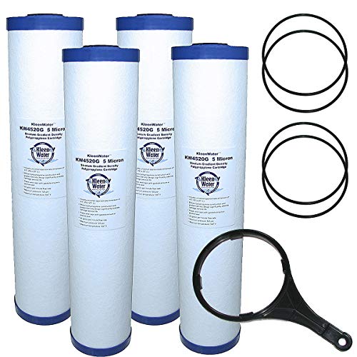 KleenWater KW4520G Sediment Water Filter Cartridges Set of 4, KW101 O-rings Qty4, Filter Wrench Qty1, Compatible with Big Blue DGD-5005-20