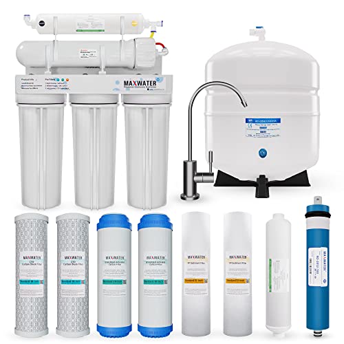 Max Water 5 Stage 100 GPD (Gallon Per Day) RO (Reverse Osmosis) Standard Water Filtration System + Faucet + Heavy Duty Tank + Replacement Filter Cartridge – Under-Sink/Wall Mount