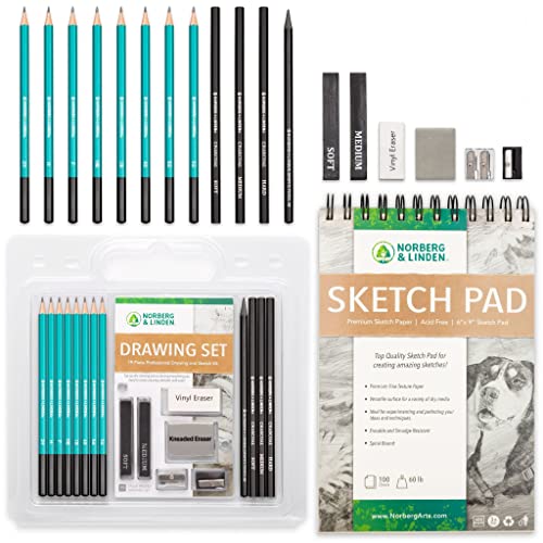 Norberg & Linden Drawing Set – Sketching and Charcoal Pencils – 100 Page Drawing Pad, Kneaded Eraser. Art Kit and Supplies for Kids, Teens and Adults