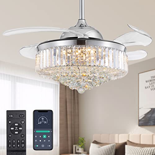Moooni Modern 42 Inches Dimmable Fandelier Crystal Retractable Ceiling Fans with Light and Remote, Invisible LED Crystal Chandelier Fan for Bedroom-Polished Chrome
