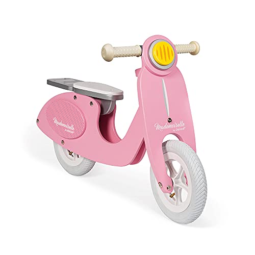 Janod Mademoiselle Pink Scooter Balance Bike – Retro-Style Adjustable Wooden Beginner Bike with Ergonomic Handles – Encourages Kids Balance and Coordination – Ages 3+
