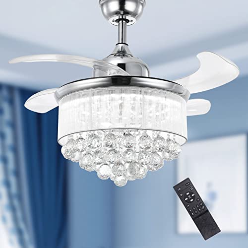 Moooni Modern 36″ Dimmable Crystal Chandelier Ceiling Fan with Lights and Remote, Retractable Chandelier Ceiling Fan Light Kit for Bedroom Girls Room-Polished Chrome