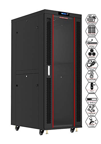 Sysracks 32U 32-Inch Deep Server Rack Cabinet It Enclosure Server Cabinet with Accessories – LCD Screen – Thermostat – PDU – Casters – 4 Fans – Shelf