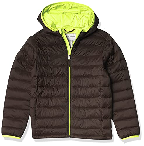 Amazon Essentials Boys’ Lightweight Water-Resistant Packable Hooded Puffer Coat, Grey/Neon Yellow, X-Large