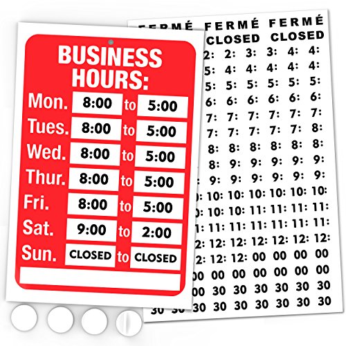 Open Signs, Business Hours Sign Kit – Bright Red and White Colors – 7.7 x 11.7 Inch – Includes 4 Double Sided Adhesive Pads and Black Number Sticker Set – Ideal Hours Of Operation Signs for Business, Store or Office