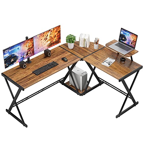GreenForest L Shaped Computer Desk Reversible Corner Computer Desk 58 inch with Large Monitor Stand and CPU Stand, Home Office Study Writing Desk Workstation, Space Saving, Walnut