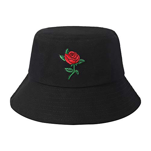 ZLYC Unisex Fashion Embroidered Bucket Hat Summer Fisherman Cap for Men Women Teens (Rose Black)