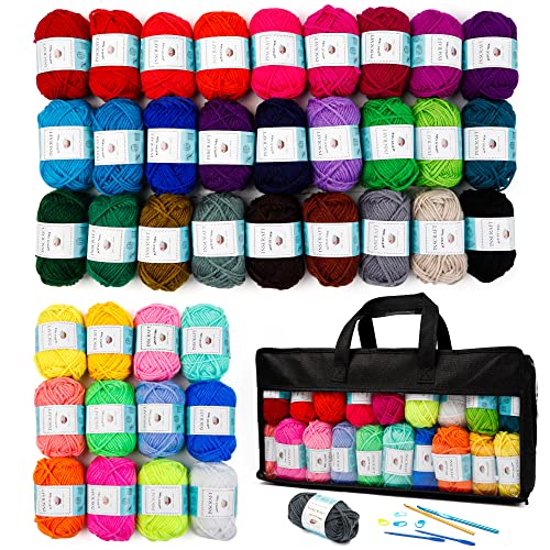 Inscraft 48 PCS Crochet Yarn Kit, 1400 Yards 40 Colors Acrylic Yarn Skeins, 2 Crochet Hooks, 2 Weaving Needles, 4 Stitch Markers, 1 Bag, Yarn for Crocheting & Knitting, Gift for Beginners and Adults