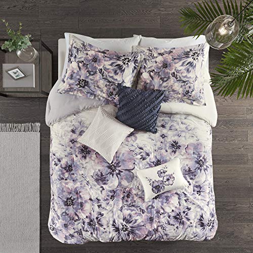 Madison Park 100% Cotton Comforter Set – Feminine Design Colorful Floral Print, All Season Down Alternative Bedding Layer and Matching Shams, Queen (90 in x 90 in), Enza, Purple 7 Piece