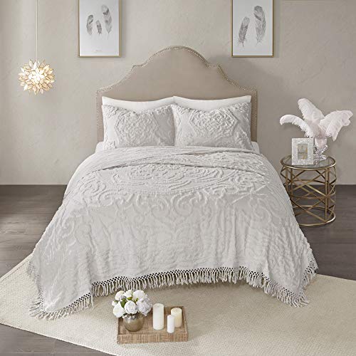Madison Park Laetitia Lightweight 100% Cotton Quilt Set, Breathable Chenille Tufted, Shabby Chic Boho Medallion Design, Sham, Floral grey w/ Tassels, Full/Queen (90 in x 90 in) 3 Piece