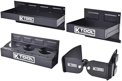 K Tool International 72462A Magnetic Toolbox Shelf, Tray, and Holder Set for Garages, Repair Shops, and DIY, Rubber Coated Magnets, (2) Trays, (1) Paper Towel and Spray Can Holders, Black, 4-Piece