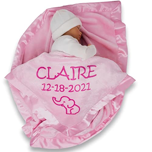 Custom Catch Personalized Elephant Baby Blanket for Girl – Newborn or Infant Name Gift – Pink or Blue (2 Lines of Text)