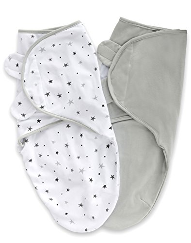 Ely’s & Co. Adjustable Swaddle Blanket Infant Baby Wrap 2 Pack Grey Stars + Solid Grey 0-3 Months