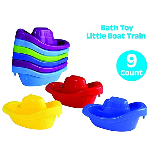 Playkidz Bath Toy Little Boat Train Pack of 9 Stackable Plastic Kids Tugboats for Bathtub & More in 6 Colors Ages 3 and Up
