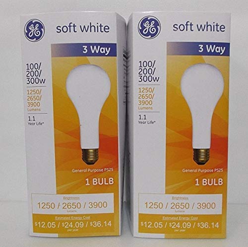 GE 3 Way Incandescent Mogul Base Bulbs 100/200/300 Watt PS25 Soft White 2 Pack