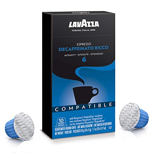 Lavazza Decaffeinato Ricco Espresso Dark Roast Capsules Compatible with Nespresso Original Machines Blended and roasted in Italy, Decaffeinated with sweet, Rich flavor, 10 Count (Pack of 6)