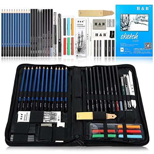 H & B Drawing Pencils Set, 48-Piece Sketch Pencils and Drawing Kit, Complete Artist Kit Includes Sketch Pad, Graphite Pencils, Sharpener & Eraser, Professional Sketching Pencils Set for Drawing