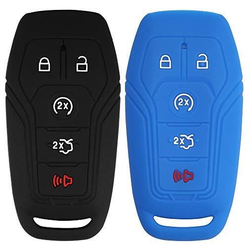 (Pack of 2) Black Blue Silicone Key Protector Key Fob Cover Case Holder Jacket 5 Buttons for 2015 2016 2017 Ford F-150 Lincoln Fusion MKZ Mustang MKC