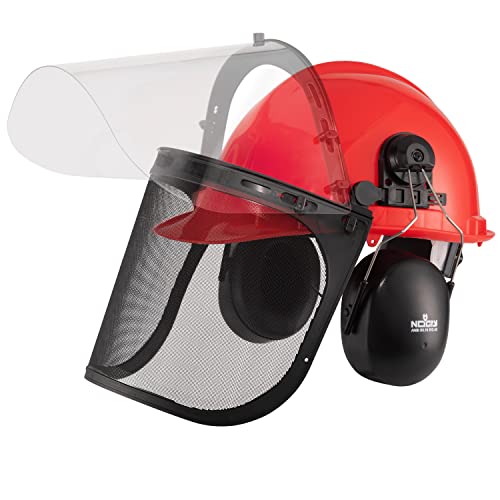 NoCry 6-in-1 Industrial Forestry Safety Helmet and Hearing Protection System; Face Protection Equipment with Two Protective Visors; Red