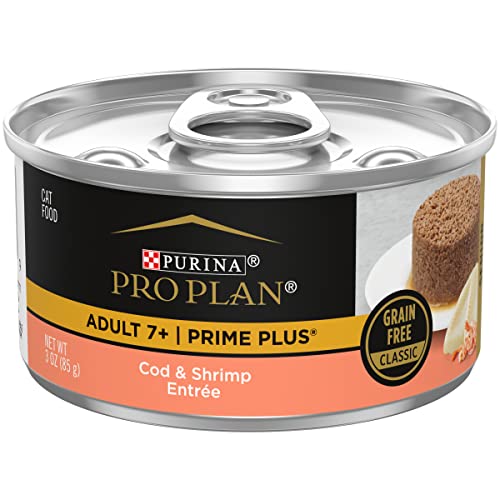 Purina Pro Plan Grain Free Senior Wet Cat Food Pate, SENIOR Prime Plus Cod & Shrimp Entree – (24) 3 oz. Pull-Top Cans