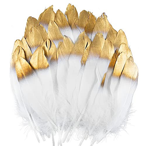 UNEEDE Gold Tipped White Feathers, 50 PCS Natural Goose Feathers for DIY Wedding Decorations, Angel Wings & Fairy Crafts