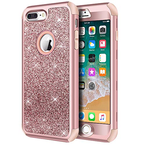 Hython Designed for iPhone 8 Plus, iPhone 7 Plus Case, Heavy Duty Defender Protective Bling Glitter Sparkle Hard Shell Hybrid Shockproof Rubber Bumper Cover for iPhone 7 Plus and 8 Plus, Rose Gold