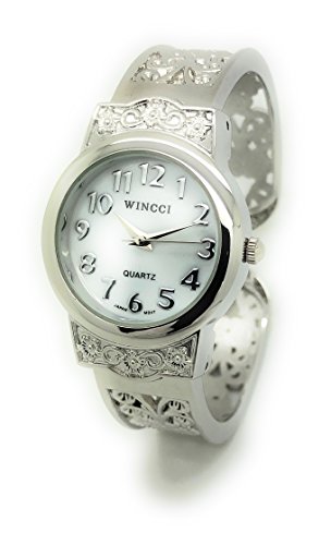 Wincci Ladies Elegant Metal Bangle Cuff Fashion Watch Pearl Dial (Silver)