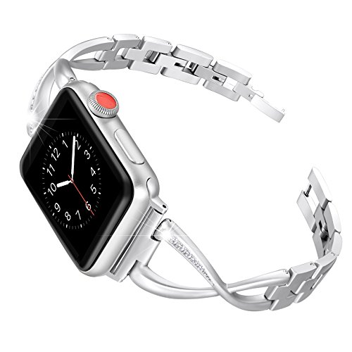Secbolt Bands Compatible with Apple Watch Band 38mm 40mm 41mm Iwatch SE Series 8/7/6/5/4/3/2/1 Women Dressy Jewelry Stainless Steel Accessories Wristband Strap, Silver