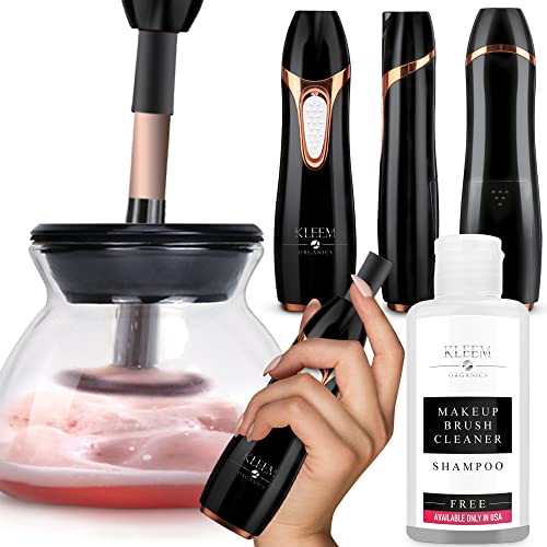 Electric Makeup Brush Cleaner Machine with FREE Makeup Cleaner Shampoo – Automatic Makeup Brush Washing Machine and Spinning Dryer with Rubber Collars – Clean, Rinse and Dry in Seconds