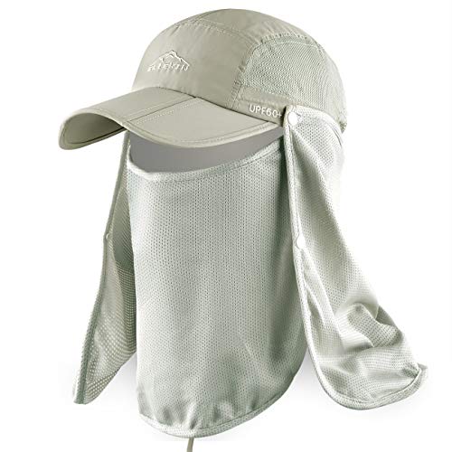 ELLEWIN Outdoor Fishing Flap Hat UPF50 Sun Cap Removable Mesh Face Neck Cover, D-khaki/ Mesh Neck Cover, M-L-XL