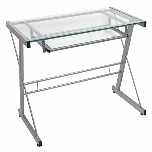 Pemberly Row Small Work from Home Office Laptop Computer Desk with Glass Top in Silver