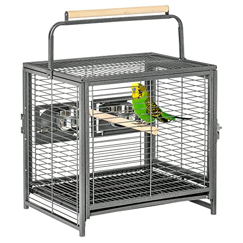 PawHut 19″ Travel Bird Cage Parrot Carrier with Handle Wooden Perch for Cockatiels, Conures, Black